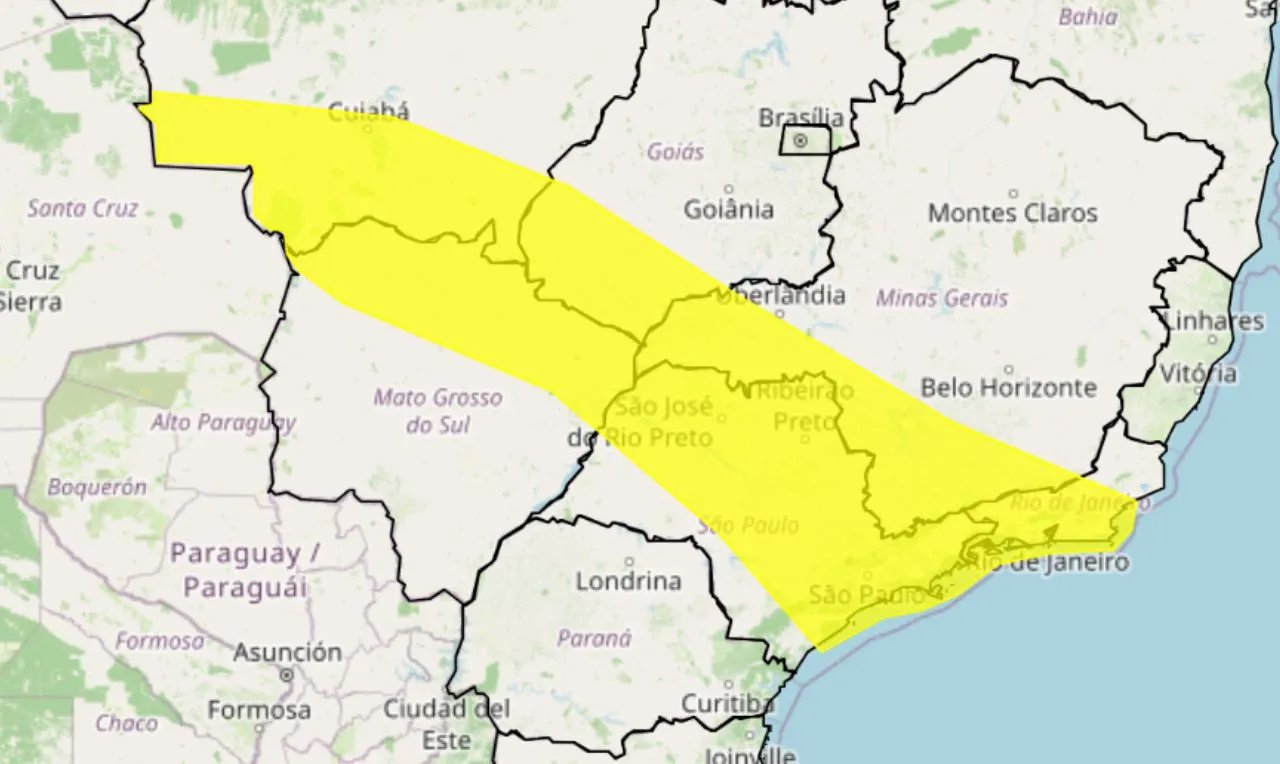 o mapa mostra as &aacute;reas em alerta para chuva intensa e ventos fortes